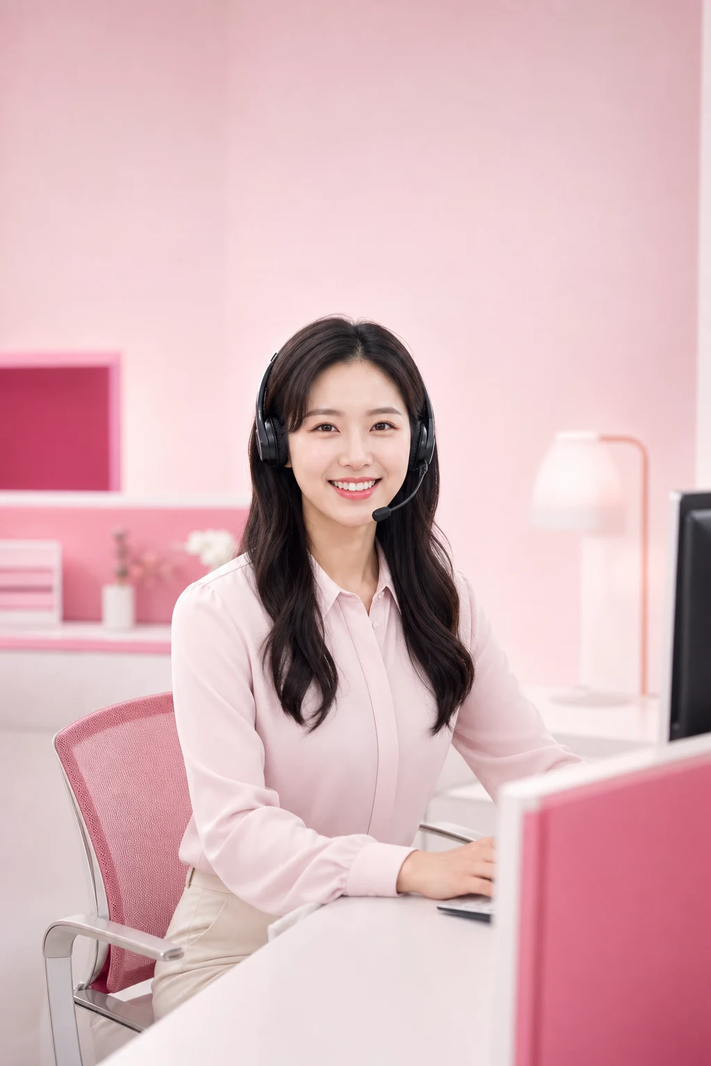 앱카드현금화 다음머니 24시간 전화 문자 상담을 안내하는 헤드셋 여성 상담원 인물